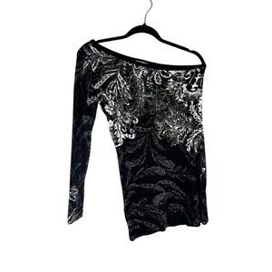 Vintage Silk Floral Beaded One Shoulder Sweater Black S Neutral 90s Goth Preppy